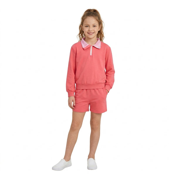 RTS GLS0225 toddler girl clothes solid pink collared long sleeve top and shorts outfit