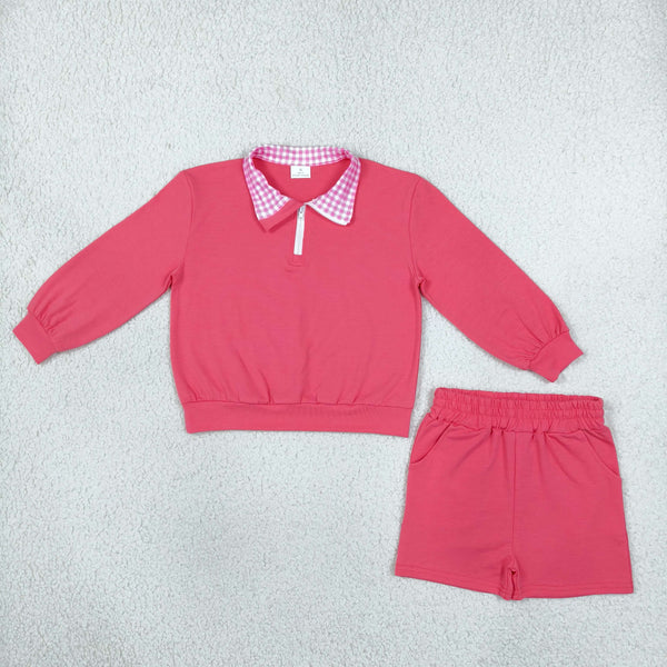 RTS Matching clothing Cotton gingham collar zip polo kids casual clothes winter shorts set-2026.10.30
