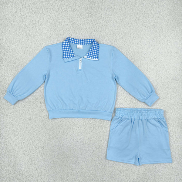 RTS GLS0226 toddler girl clothes solid gingham collar long sleeve outfit