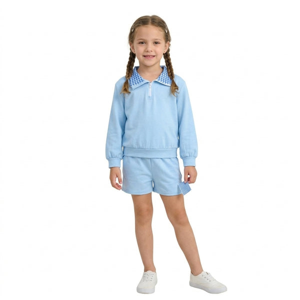 RTS GLS0226 toddler girl clothes solid gingham collar long sleeve outfit