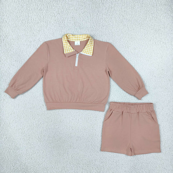 RTS Matching clothing Cotton gingham collar zip polo kids casual clothes winter shorts set-2026.10.30