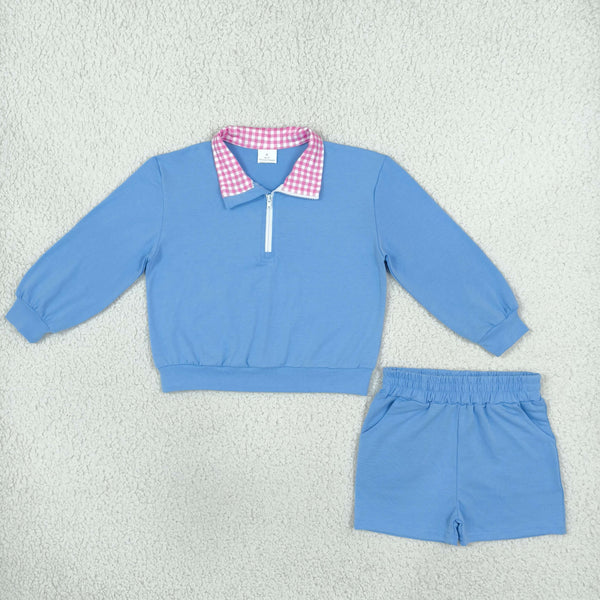 RTS Matching clothing Cotton gingham collar zip polo kids casual clothes winter shorts set-2026.10.30