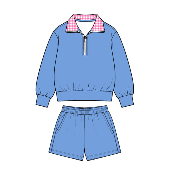 MOQ:5 pcs pre-order Each Style Solid Color Cotton Plaid Girls Shorts Set-2026.8.28
