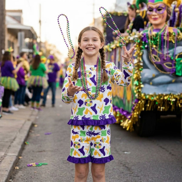 RTS GLS0243 toddler girl clothes Mardi Gras alligator mask crawfish print long sleeve ruffle outfit