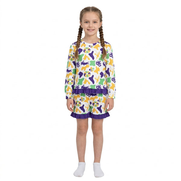 RTS GLS0243 toddler girl clothes Mardi Gras alligator mask crawfish print long sleeve ruffle outfit