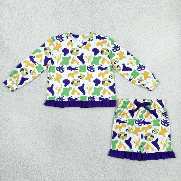 RTS GLS0243 toddler girl clothes Mardi Gras alligator mask crawfish print long sleeve ruffle outfit