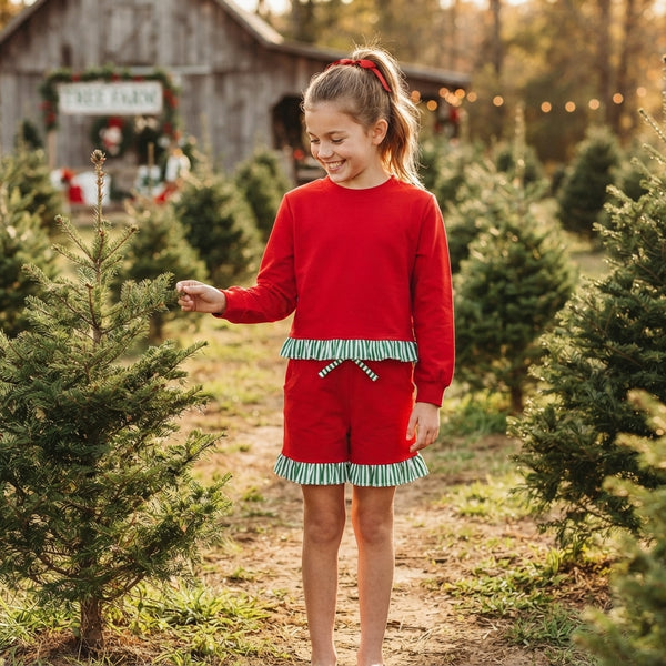 RTS GLS0269 toddler girl clothes Christmas solid red green stripe ruffle long sleeve shorts outfit