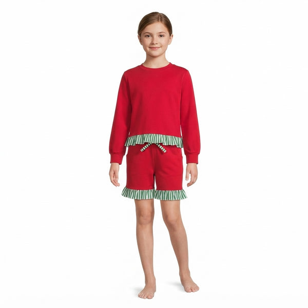 RTS GLS0269 toddler girl clothes Christmas solid red green stripe ruffle long sleeve shorts outfit