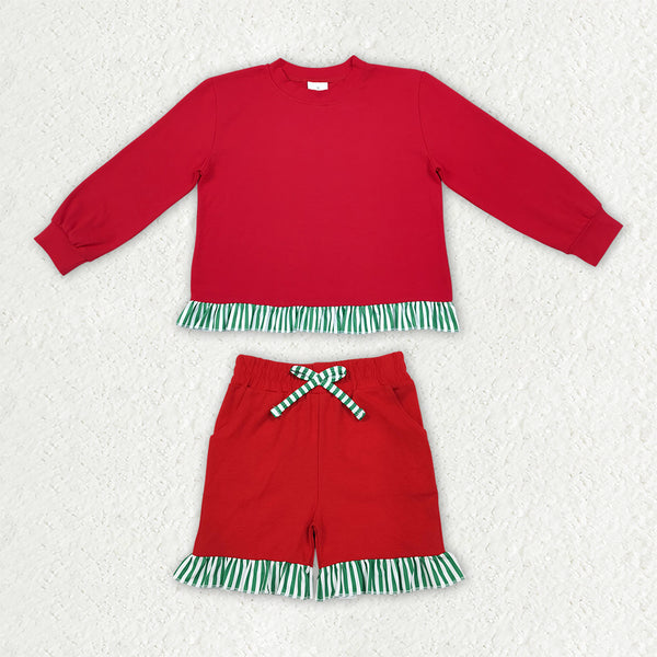 RTS GLS0269 toddler girl clothes Christmas solid red green stripe ruffle long sleeve shorts outfit