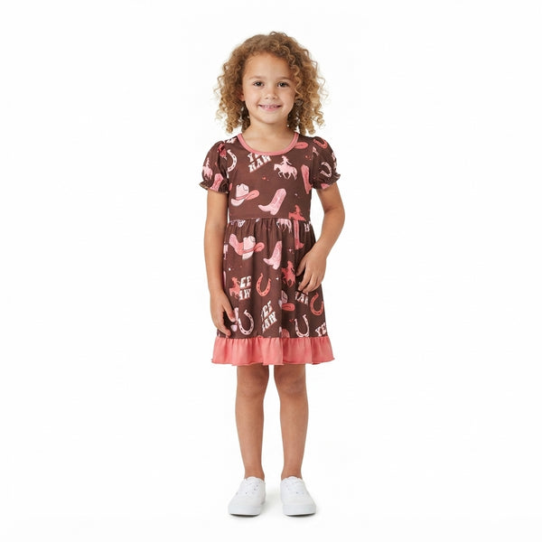 RTS GSD0748 baby girl clothes cowboy boot horse print short sleeve dress