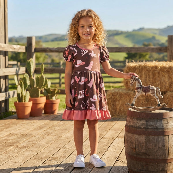RTS GSD0748 baby girl clothes cowboy boot horse print short sleeve dress