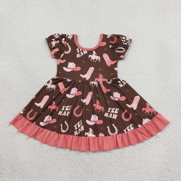 RTS GSD0748 baby girl clothes cowboy boot horse print short sleeve dress