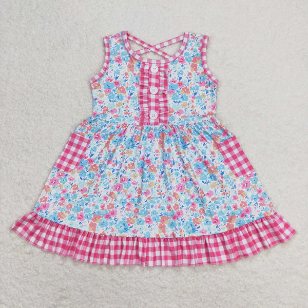 GSD0950 RTS toddler clothes floral gingham baby girl summer dress