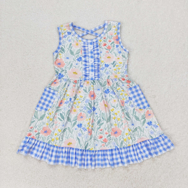 GSD1009 RTS toddler clothes blue floral sleeveless baby girl summer dress