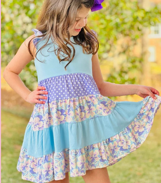 GSD1164 RTS toddler clothes blue flutter sleeve floral baby girl summer dress