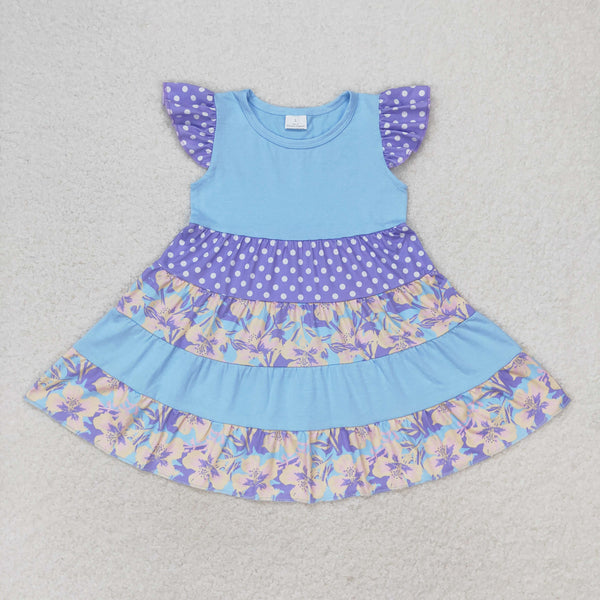 GSD1164 RTS toddler clothes blue flutter sleeve floral baby girl summer dress