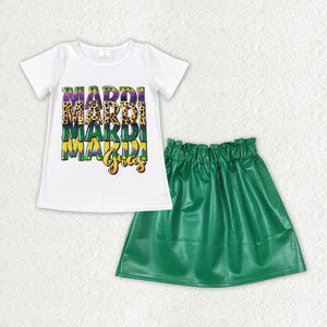 GSD1712 baby girl clothes mardi gras girl summer leather skirt set