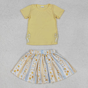 GSD1716 RTS  girl clothes yellow floral bow embroidery girl summer outfit skirt set