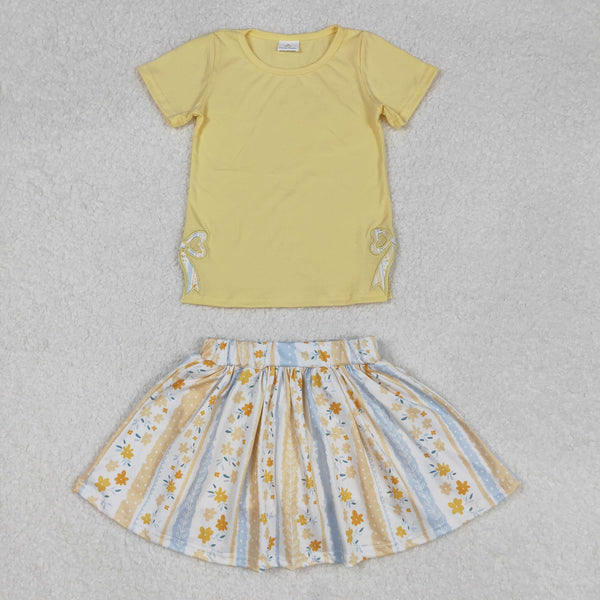 GSD1716 RTS  girl clothes yellow floral bow embroidery girl summer outfit skirt set