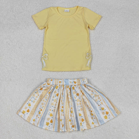 GSD1716 RTS  girl clothes yellow floral bow embroidery girl summer outfit skirt set