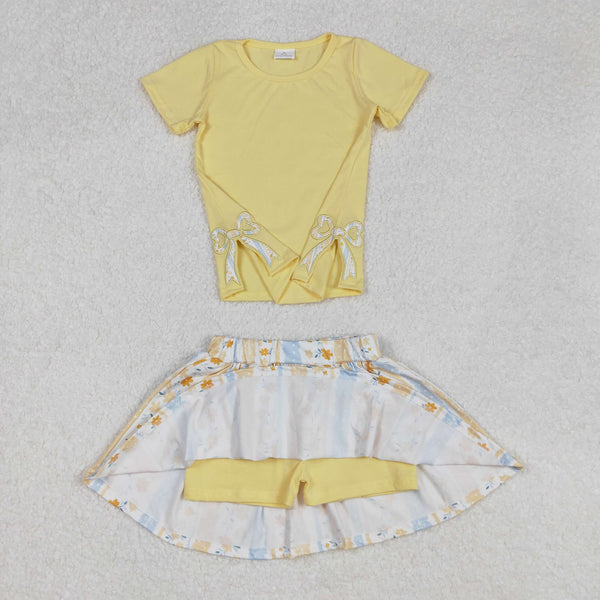 GSD1716 RTS  girl clothes yellow floral bow embroidery girl summer outfit skirt set