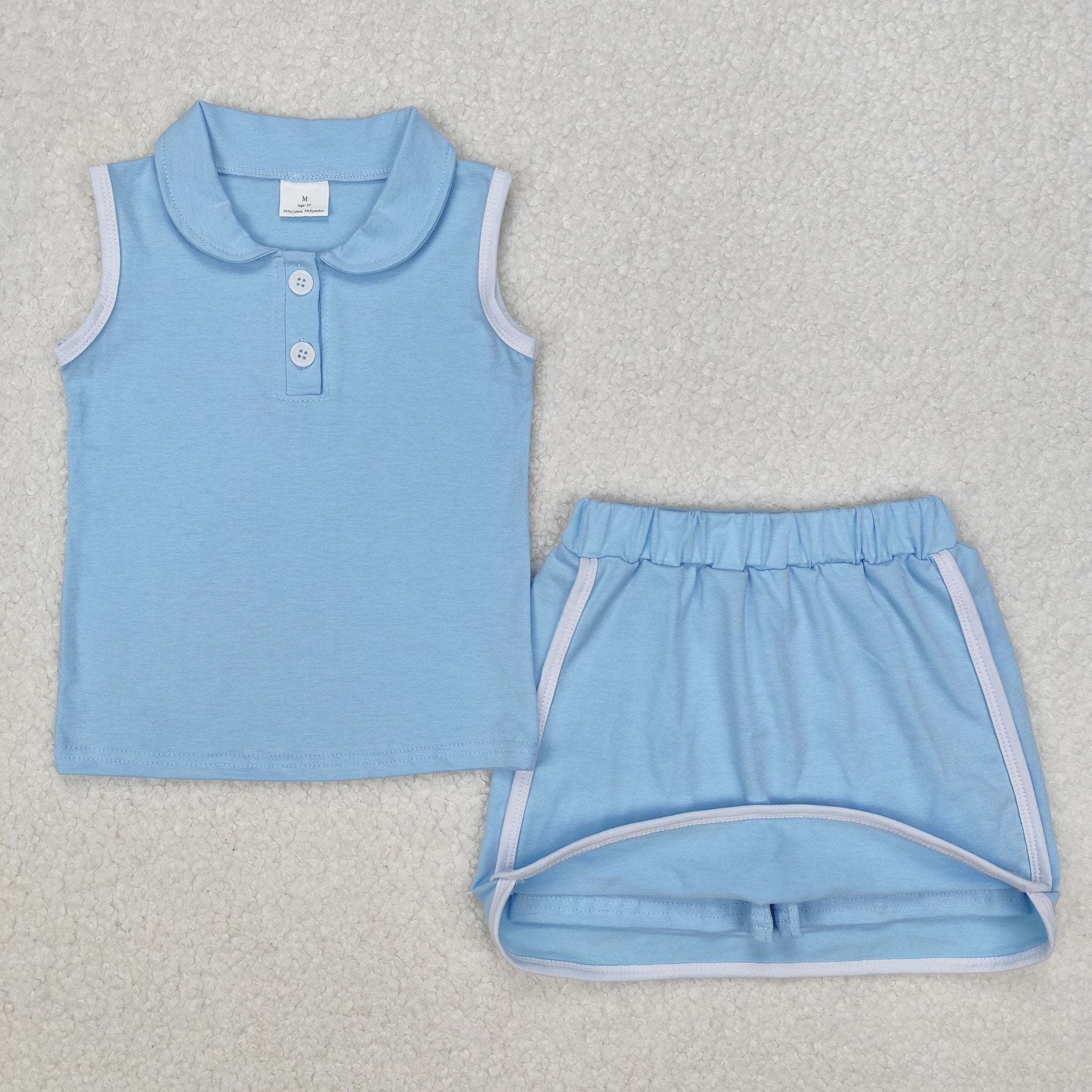 GSD1974 RTS girl clothes cotton blue girl summer set skirt set