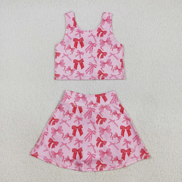GSD2459 RTS girl clothes pink bows girl summer set yoga clothes atheletic outfit