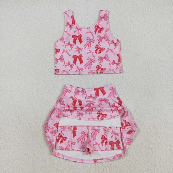 GSD2459 RTS girl clothes pink bows girl summer set yoga clothes atheletic outfit