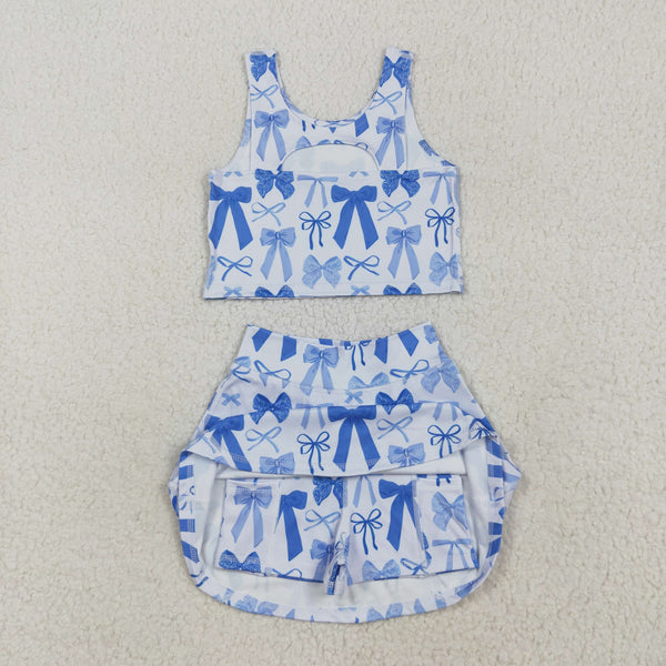GSD2640 RTS Girl Atheletic Outfit Blue Bow Summer Sports Set