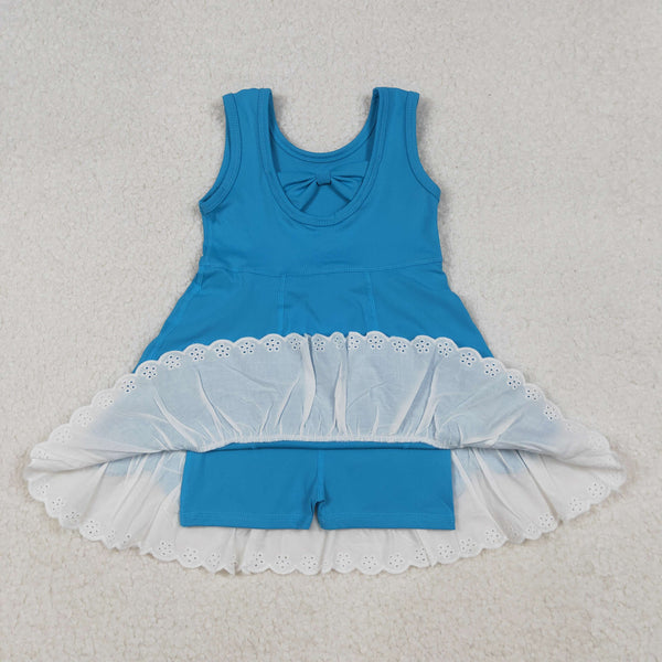 GSD2680 RTS girl clothes blue lace girl summer dress yoga clothes