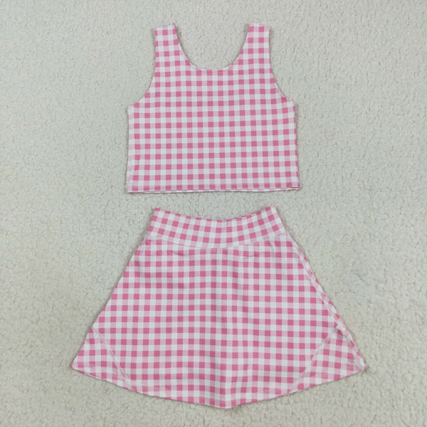 GSD2786 RTS girl clothes pink plaid girl summer set yoga clothes atheletic clothing