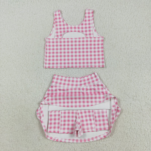 GSD2786 RTS girl clothes pink plaid girl summer set yoga clothes atheletic clothing