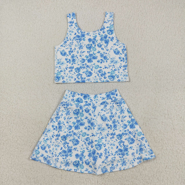 GSD2787 RTS girl clothes blue floral girl summer set yoga clothes atheletic clothing