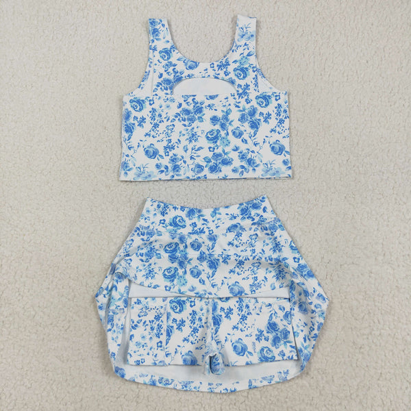 GSD2787 RTS girl clothes blue floral girl summer set yoga clothes atheletic clothing