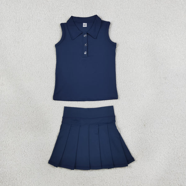 RTS GSD2796 toddler girl yoga clothes solid navy sleeveless skirt outfit