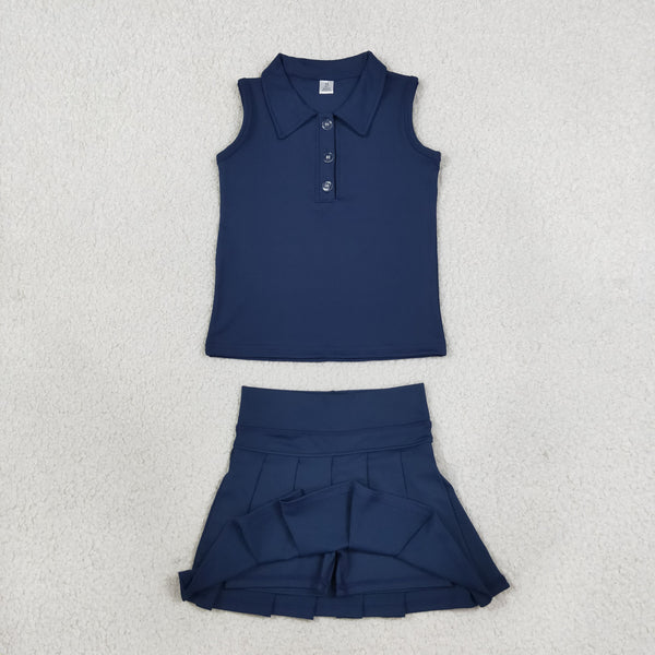 RTS GSD2796 toddler girl yoga clothes solid navy sleeveless skirt outfit