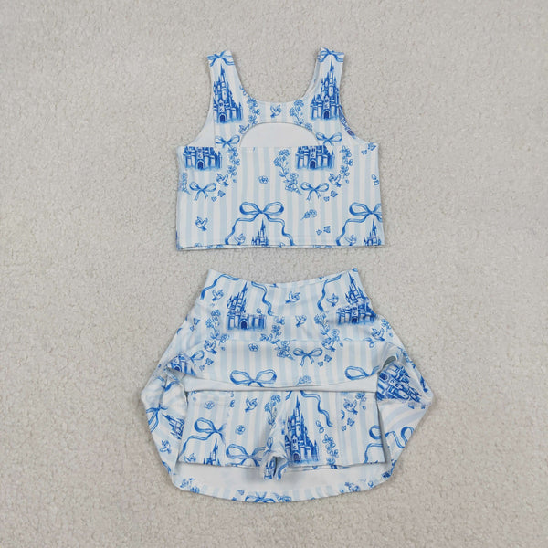 GSD3067 baby girl clothes blue castle  toddler girl yoga skirt outfit sports clothing set