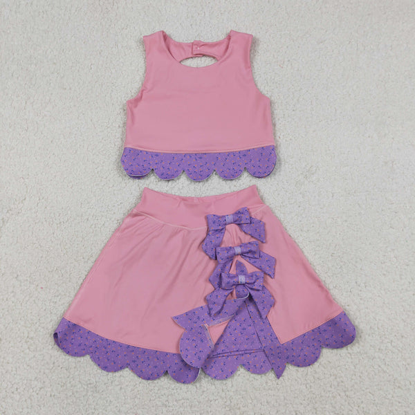 GSD3319 RTS toddler girl clothes pink bows girl yoga summer skirt set sports clothing outfit