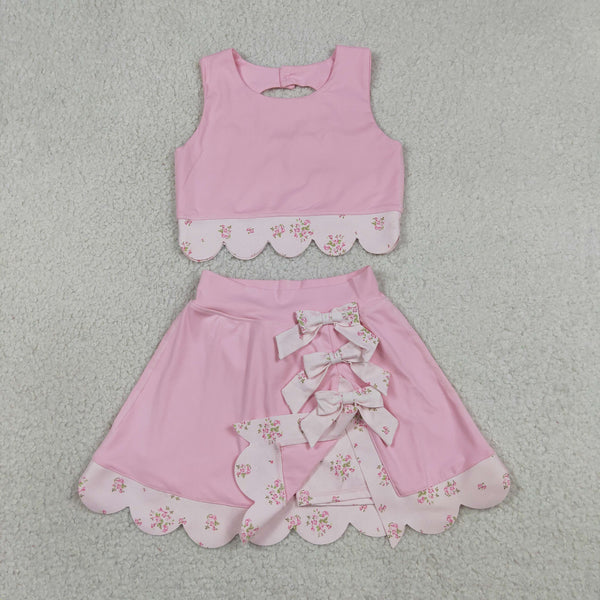 GSD3321 RTS toddler girl clothes pink bows girl yoga summer skirt set sports clothing