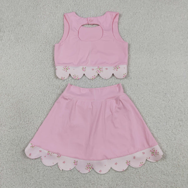 GSD3321 RTS toddler girl clothes pink bows girl yoga summer skirt set sports clothing