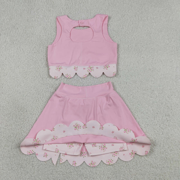 GSD3321 RTS toddler girl clothes pink bows girl yoga summer skirt set sports clothing