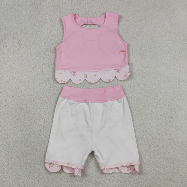GSD3321 RTS toddler girl clothes pink bows girl yoga summer skirt set sports clothing