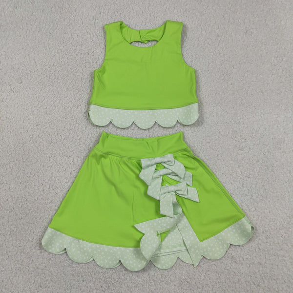 GSD3322 RTS  toddler girl clothes green print girl yoga summer skirt set