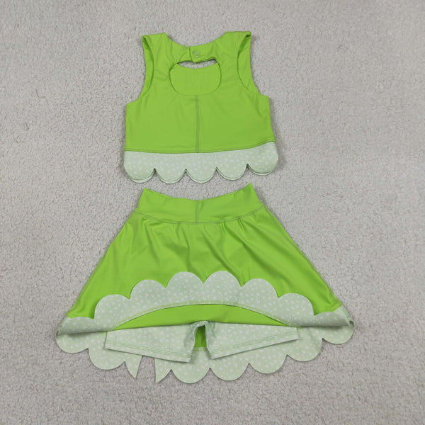 GSD3322 RTS  toddler girl clothes green print girl yoga summer skirt set