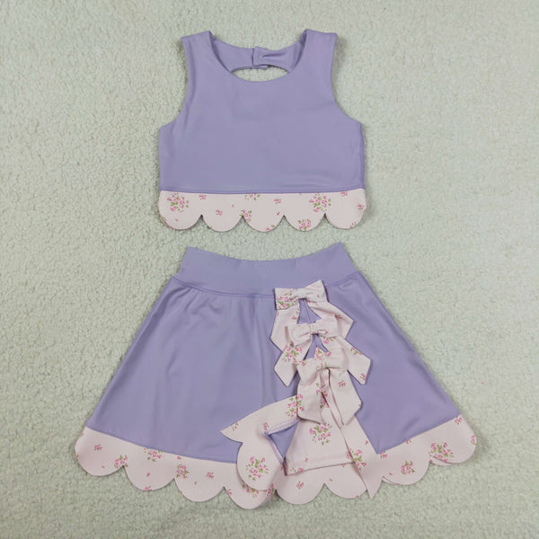 GSD3323 RTS toddler girl clothes purple  girl yoga summer skirt set sports clothing set