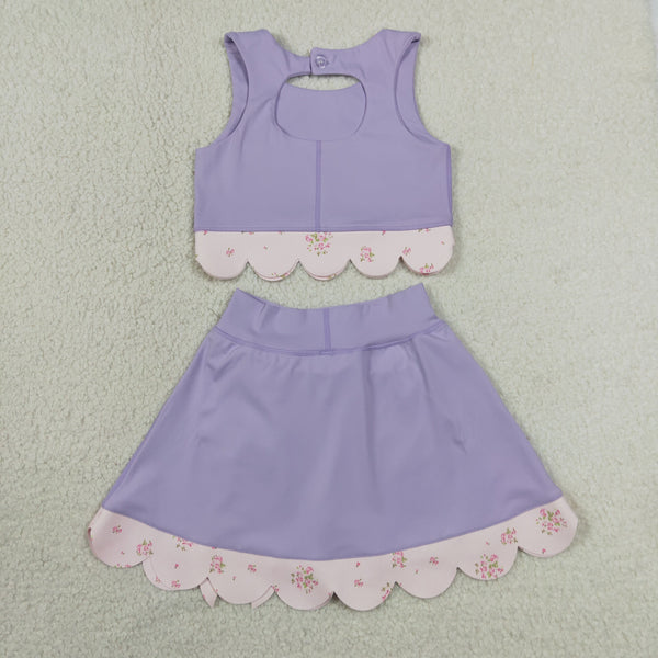 GSD3323 RTS toddler girl clothes purple  girl yoga summer skirt set sports clothing set