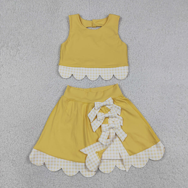 GSD3324 RTS toddler girl clothes yellow girl yoga summer skirt set scalloped sports clothing set