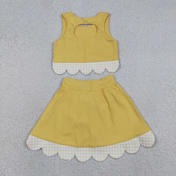 GSD3324 RTS toddler girl clothes yellow girl yoga summer skirt set scalloped sports clothing set