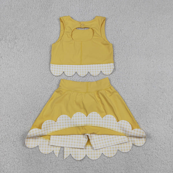 GSD3324 RTS toddler girl clothes yellow girl yoga summer skirt set scalloped sports clothing set