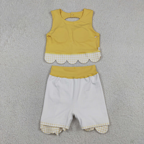 GSD3324 RTS toddler girl clothes yellow girl yoga summer skirt set scalloped sports clothing set